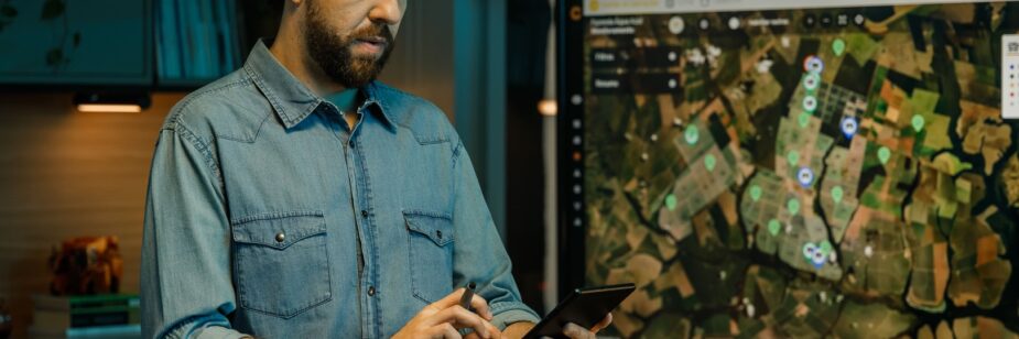 Hombre observando regiones agrícolas en su tablet.