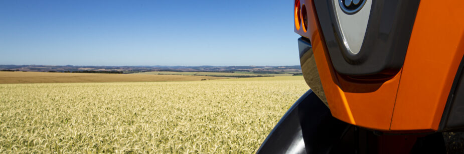 Máquina agrícola em cultivo de trigo durante a fase de desenvolvimento da lavoura na Argentina.