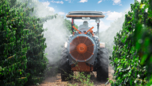 Pulverización en el café con equipo asistido por aire acoplado a un tractor entre hileras de cafetos.