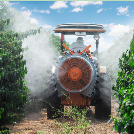 Pulverización en el café con equipo asistido por aire acoplado a un tractor entre hileras de cafetos.